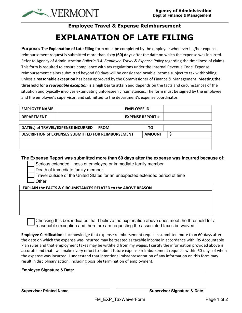 Vermont Explanation of Late Filing Fill Out, Sign Online and Download