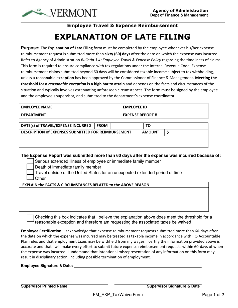 Explanation of Late Filing - Vermont, Page 1