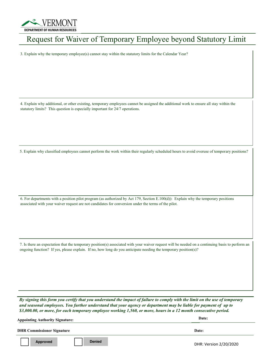 Request for Waiver of Temporary Employee Beyond Statutory Limits - Vermont, Page 2
