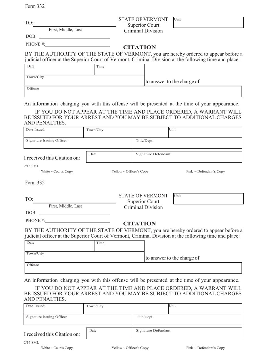 Form 332 Criminal Citation - Vermont, Page 1