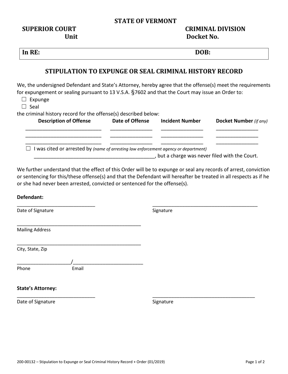 Form 200-00132 Stipulation to Expunge or Seal Criminal History Record - Vermont, Page 1