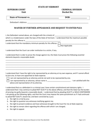Document preview: Form 200-00362 Waiver of Further Appearance and Request to Enter Plea - Vermont