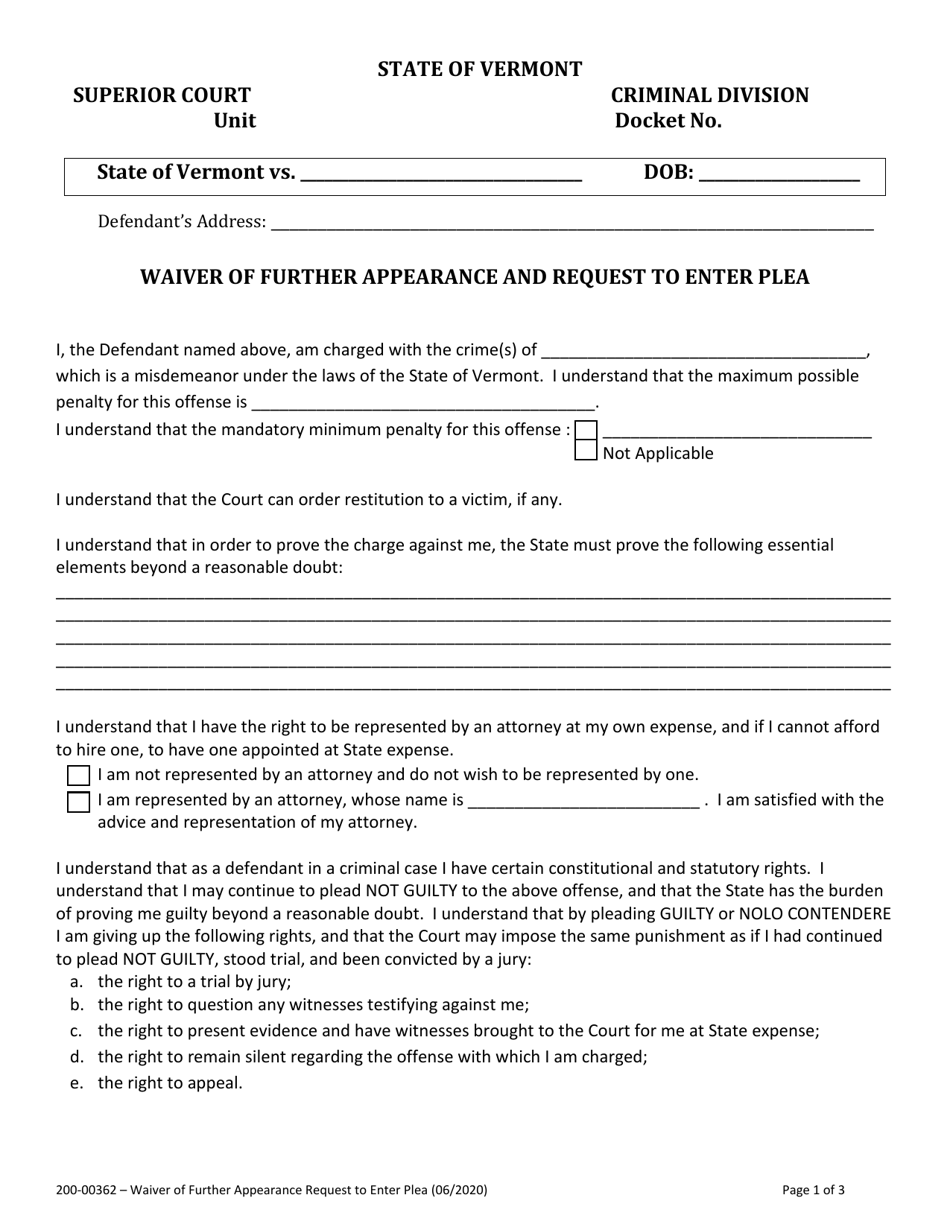 Form 200-00362 Waiver of Further Appearance and Request to Enter Plea - Vermont, Page 1