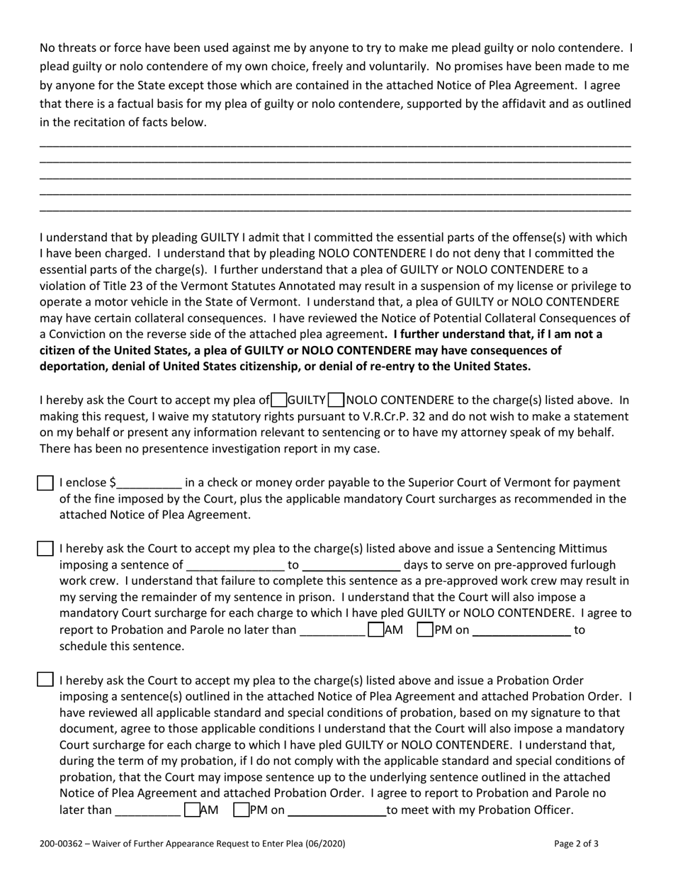 Form 200-00362 Waiver of Further Appearance and Request to Enter Plea - Vermont, Page 2
