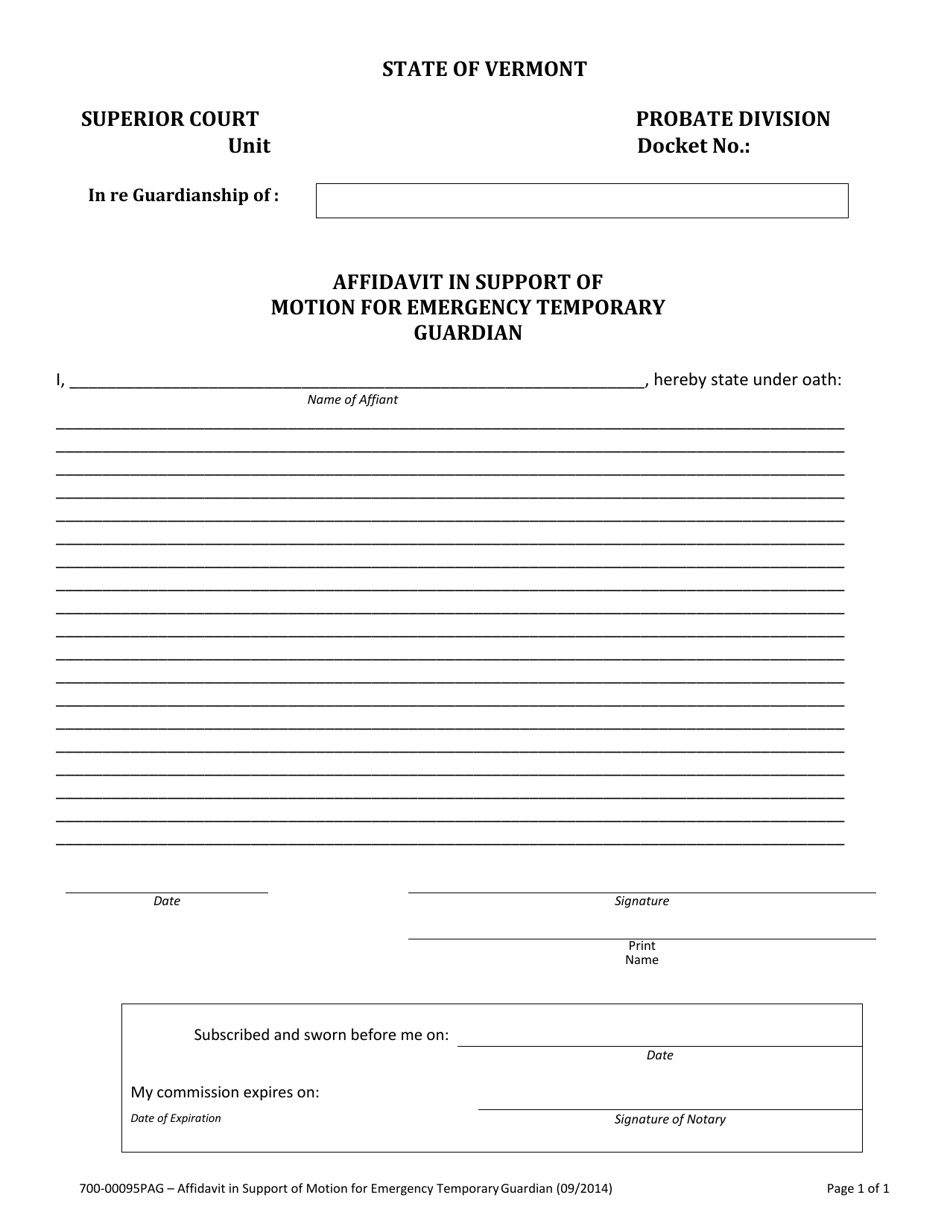 Form 700-00095PAG Affidavit in Support of Motion for Emergency Temporary Guardian - Vermont, Page 1