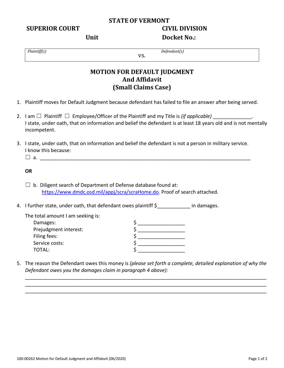 Form 100-00262 Motion for Default Judgment and Affidavit (Small Claims Cases) - Vermont, Page 1