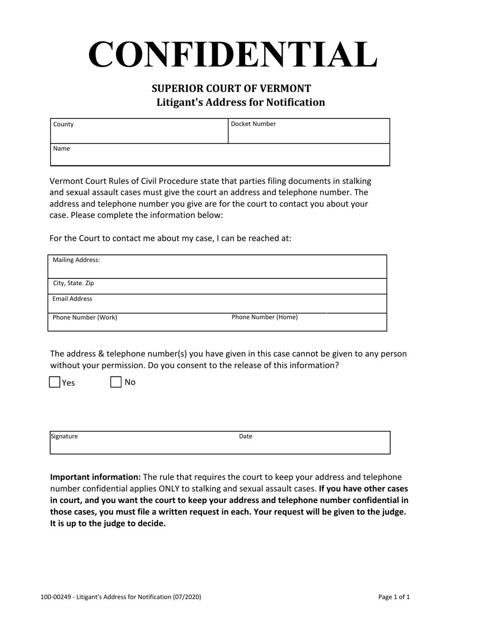 Form 100-00249 Confidential Address Form for Stalking or Sexual Assault - Vermont, Page 1