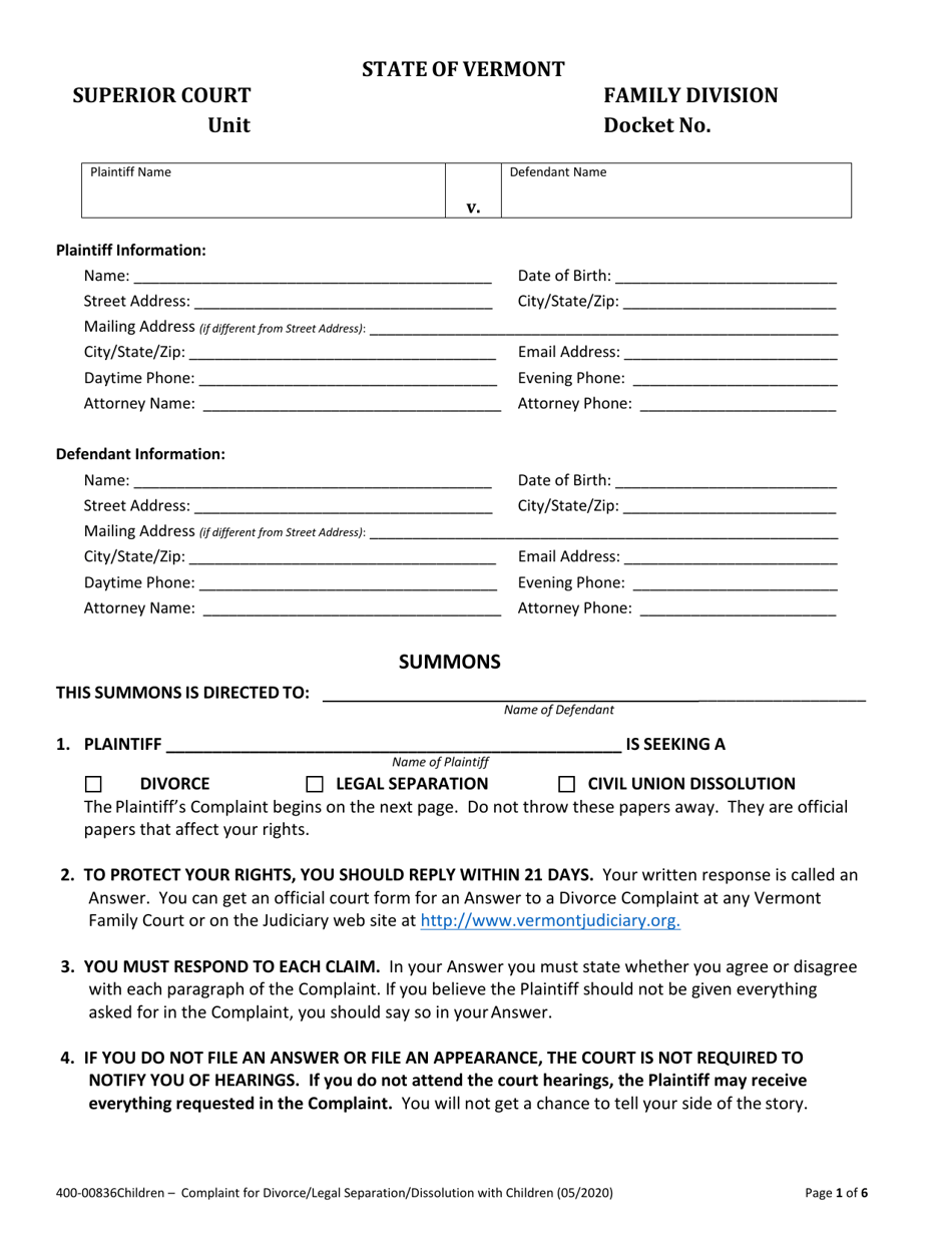 Form 400-00836 WITH CHILDREN Complaint for Divorce / Legal Separation / Dissolution With Children - Vermont, Page 1