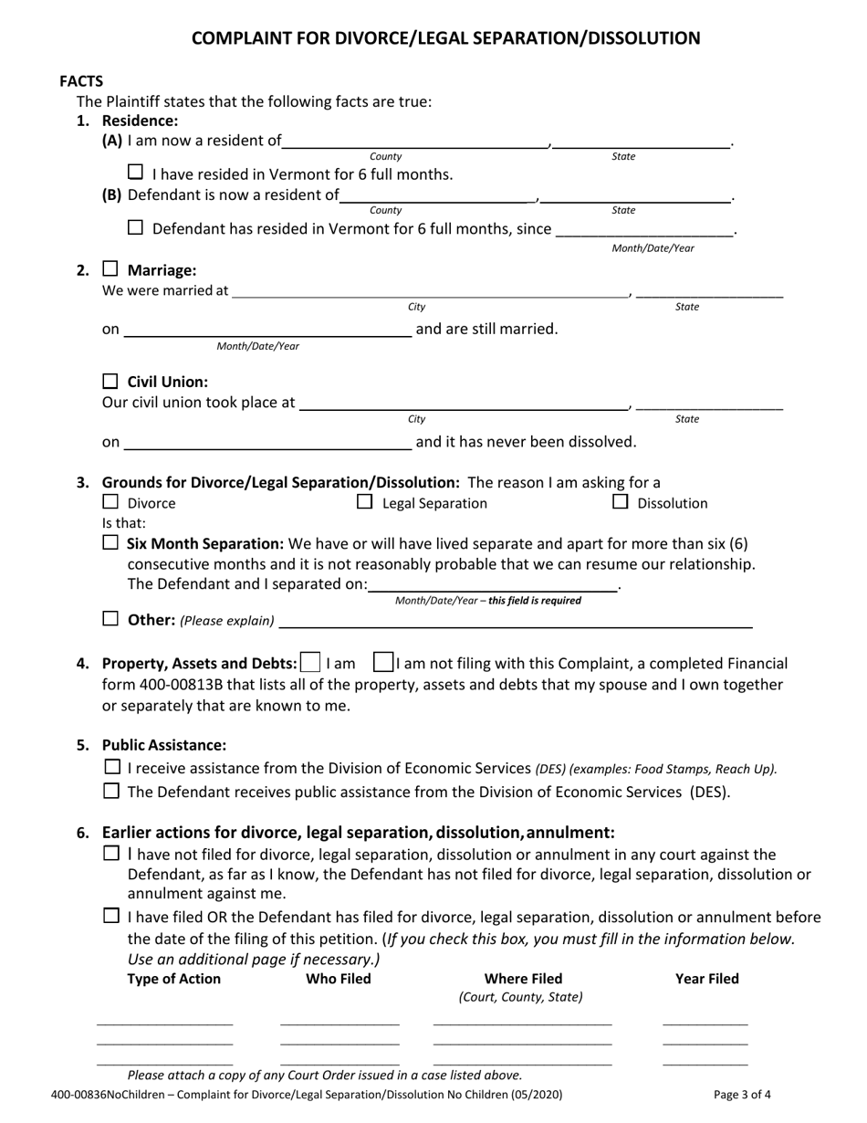 Form 400-00836 WITHOUT CHILDREN Complaint for Divorce / Legal Separation / Dissolution Without Children - Vermont, Page 3