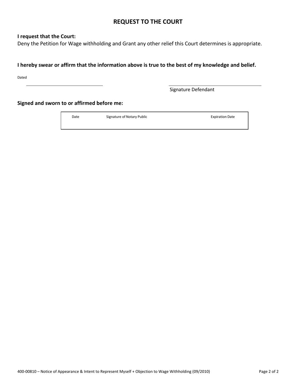 Form 400-00810 Objection to Wage Withholding - Vermont, Page 2
