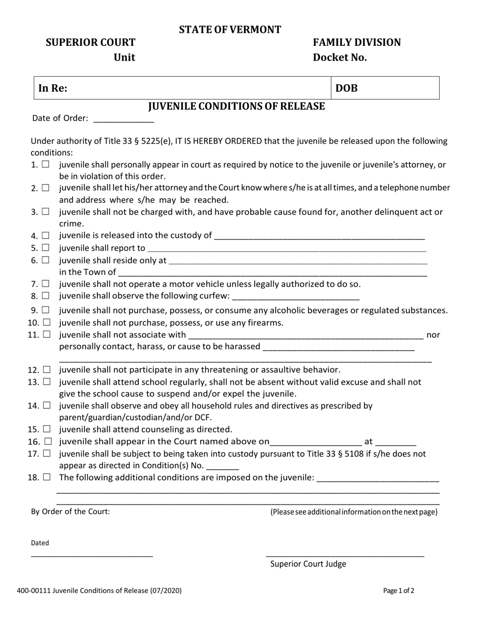 Form 400-00111 Juvenile Conditions of Release - Vermont, Page 1