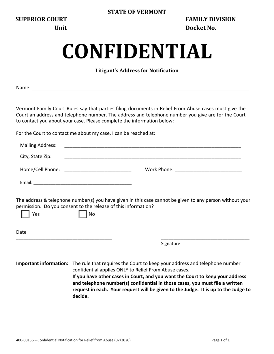 Form 400-00156 Confidential Notification for Relief From Abuse - Vermont, Page 1