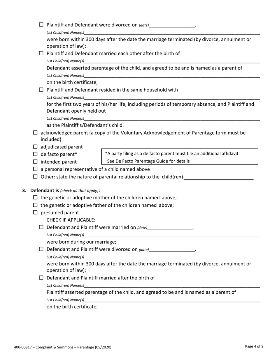Form 400-00817 Complaint to Establish Parentage and / or Related Obligations - Vermont, Page 4