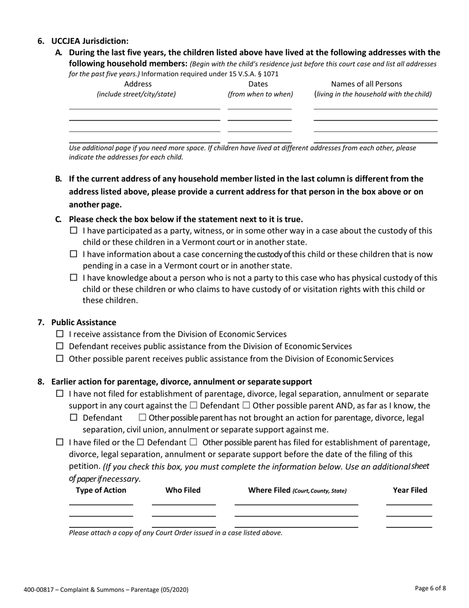Form 400-00817 Complaint to Establish Parentage and / or Related Obligations - Vermont, Page 6