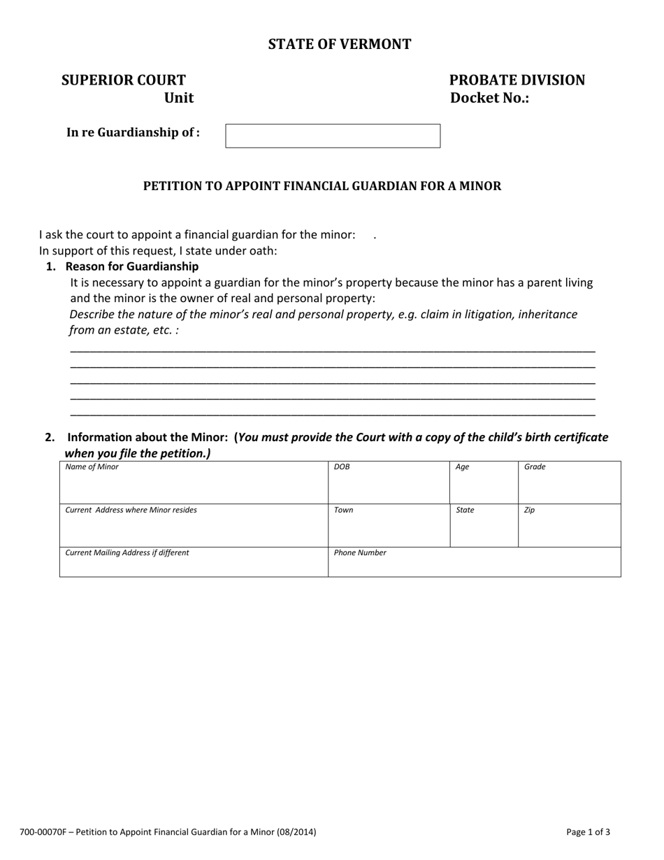 Form 700-00070F Petition to Appoint Financial Guardian for a Minor - Vermont, Page 1