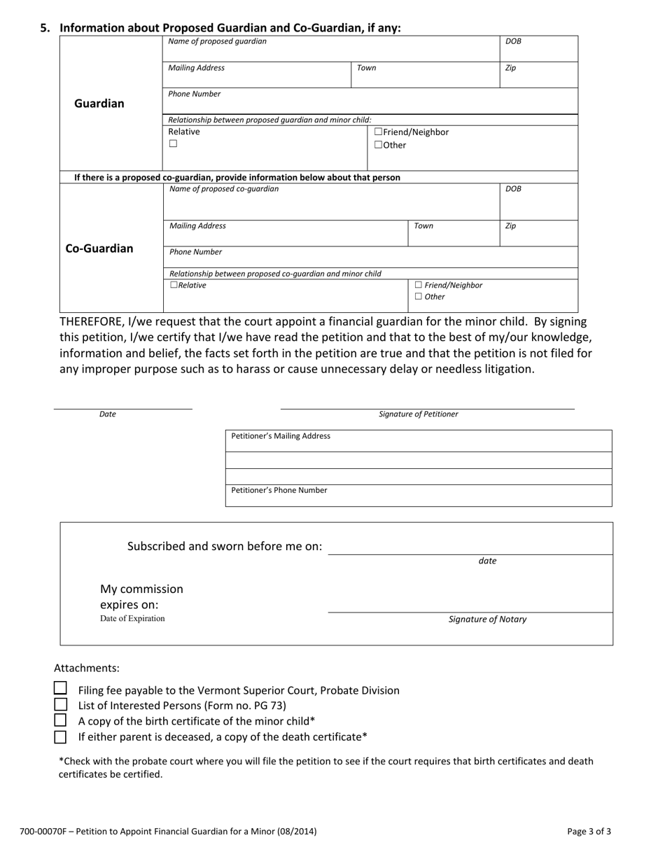 Form 700-00070F Petition to Appoint Financial Guardian for a Minor - Vermont, Page 3