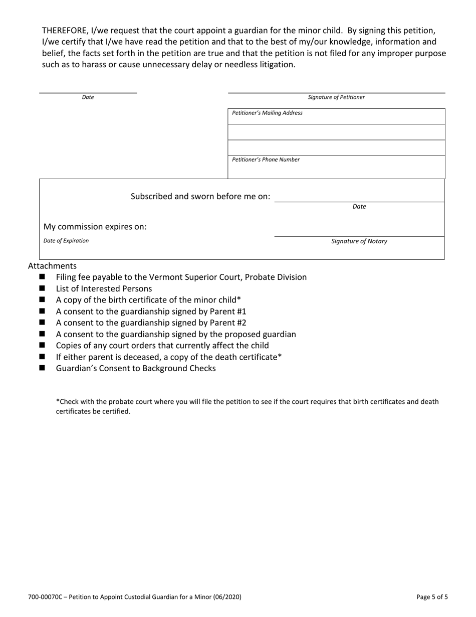 Form 700-00070C Petition to Appoint Custodial Guardian for a Minor - Vermont, Page 5