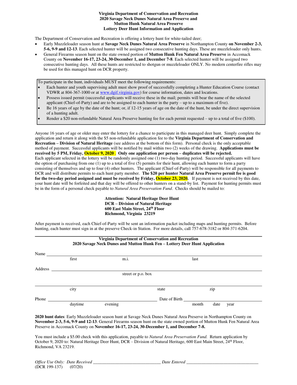Form DCR199-137 Mutton Hunk Fen Nap Deer Hunt Application - Virginia, Page 1