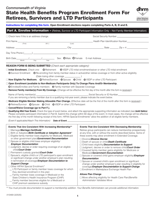 Form A10469 State Health Benefits Program Enrollment Form for Retirees, Survivors and Ltd Participants - Virginia