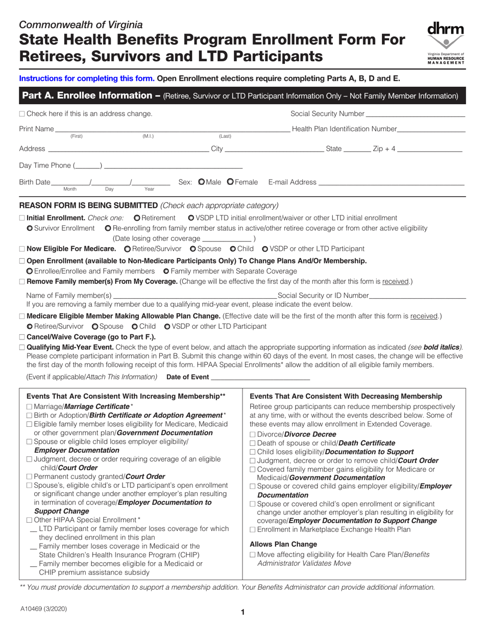 Form A10469 State Health Benefits Program Enrollment Form for Retirees, Survivors and Ltd Participants - Virginia, Page 1