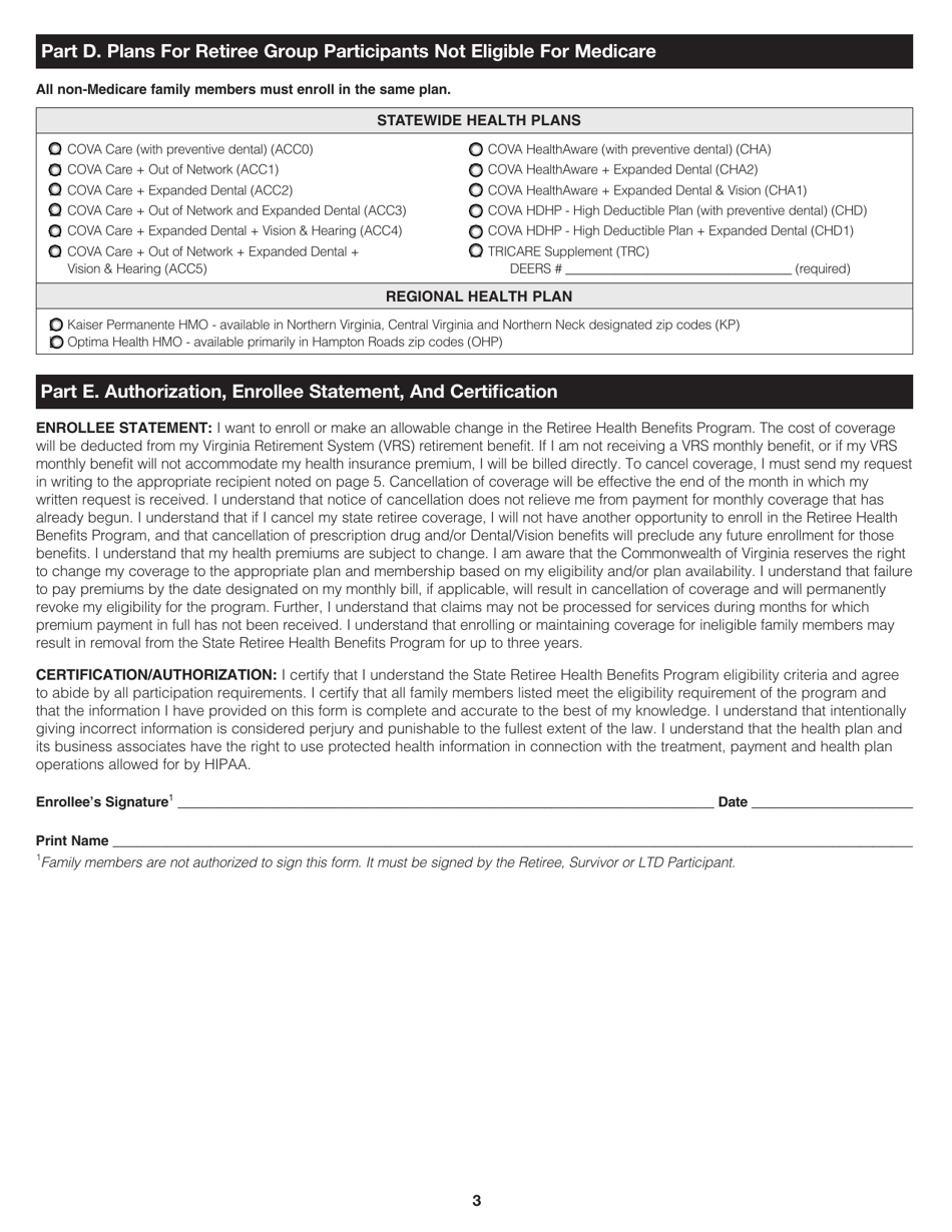 Form A10469 State Health Benefits Program Enrollment Form for Retirees, Survivors and Ltd Participants - Virginia, Page 3