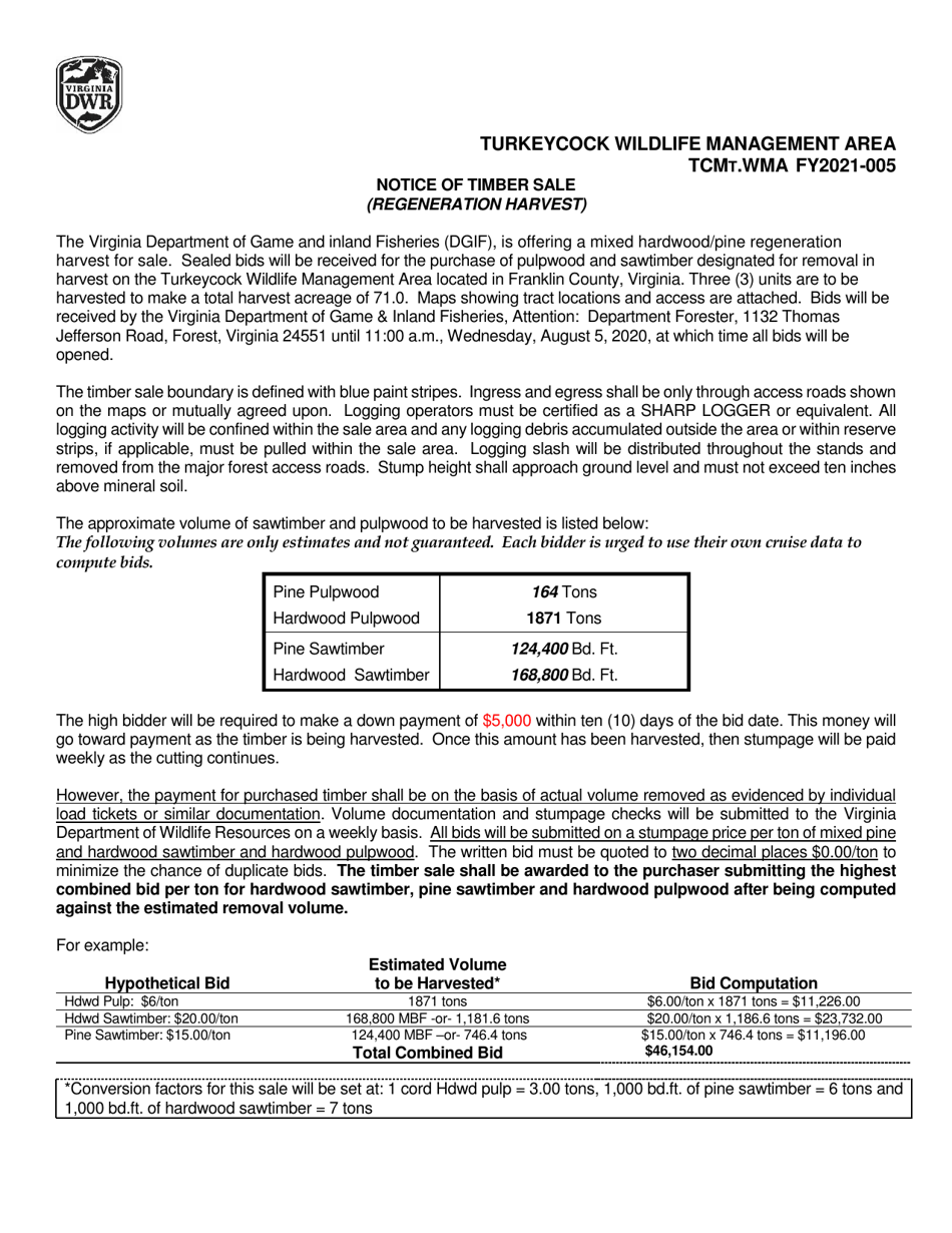 Turkeycock Wildlife Management Area Notice of Timber Sale - Virginia, Page 1
