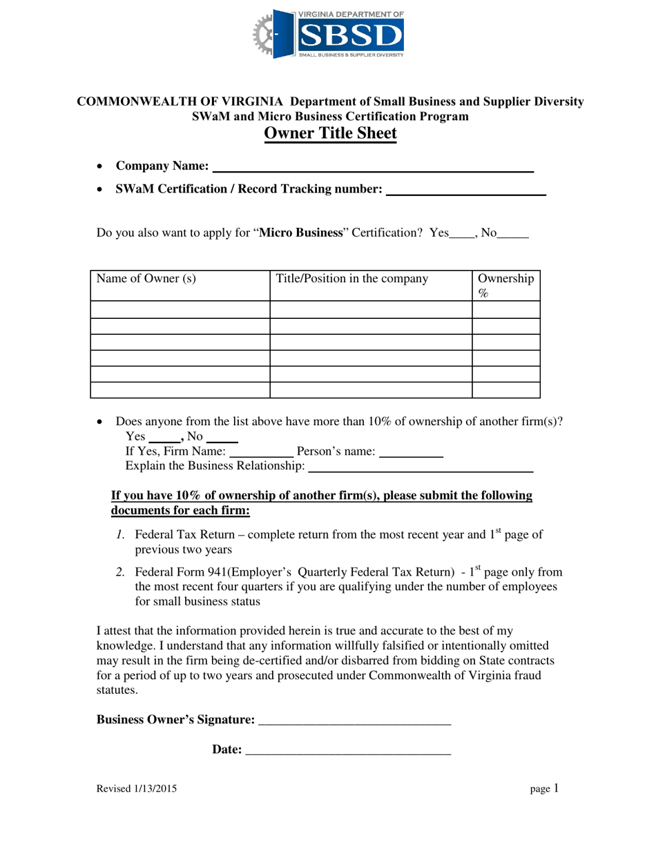 Owner Title Sheet - Virginia, Page 1
