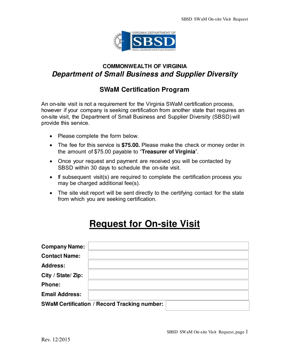 Request for on-Site Visit - Virginia, Page 1