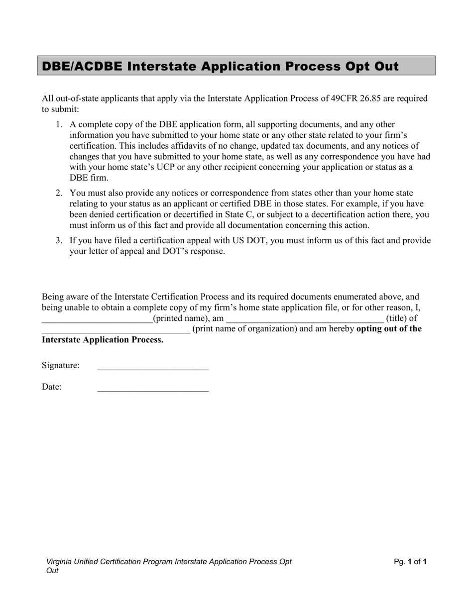 Dbe / Acdbe Interstate Application Process Opt out - Virginia, Page 1