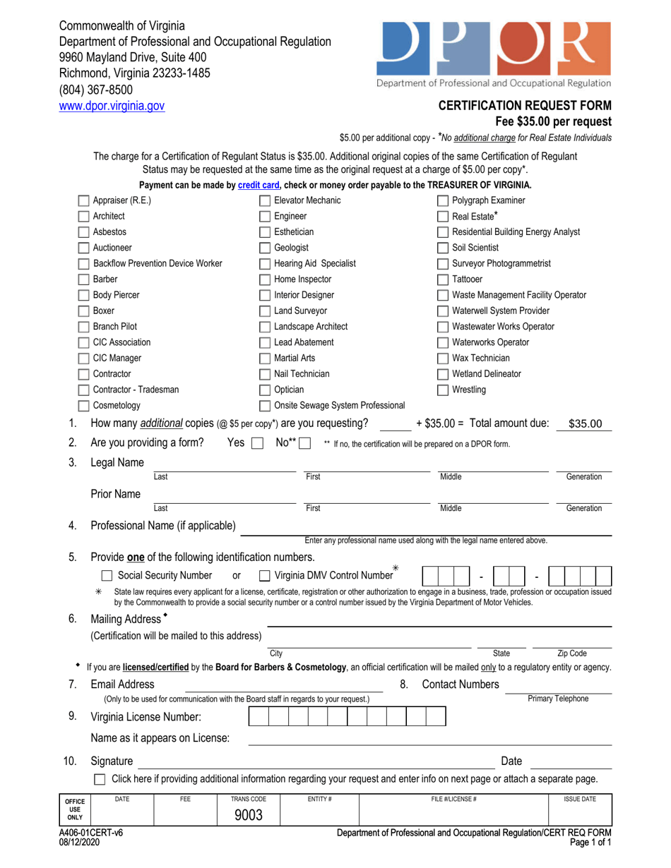 Form A406-01CERT Certification Request Form - Virginia, Page 1