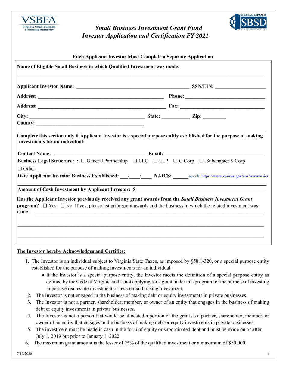 Small Business Investment Grant Fund Investor Application and Certification - Virginia, Page 1
