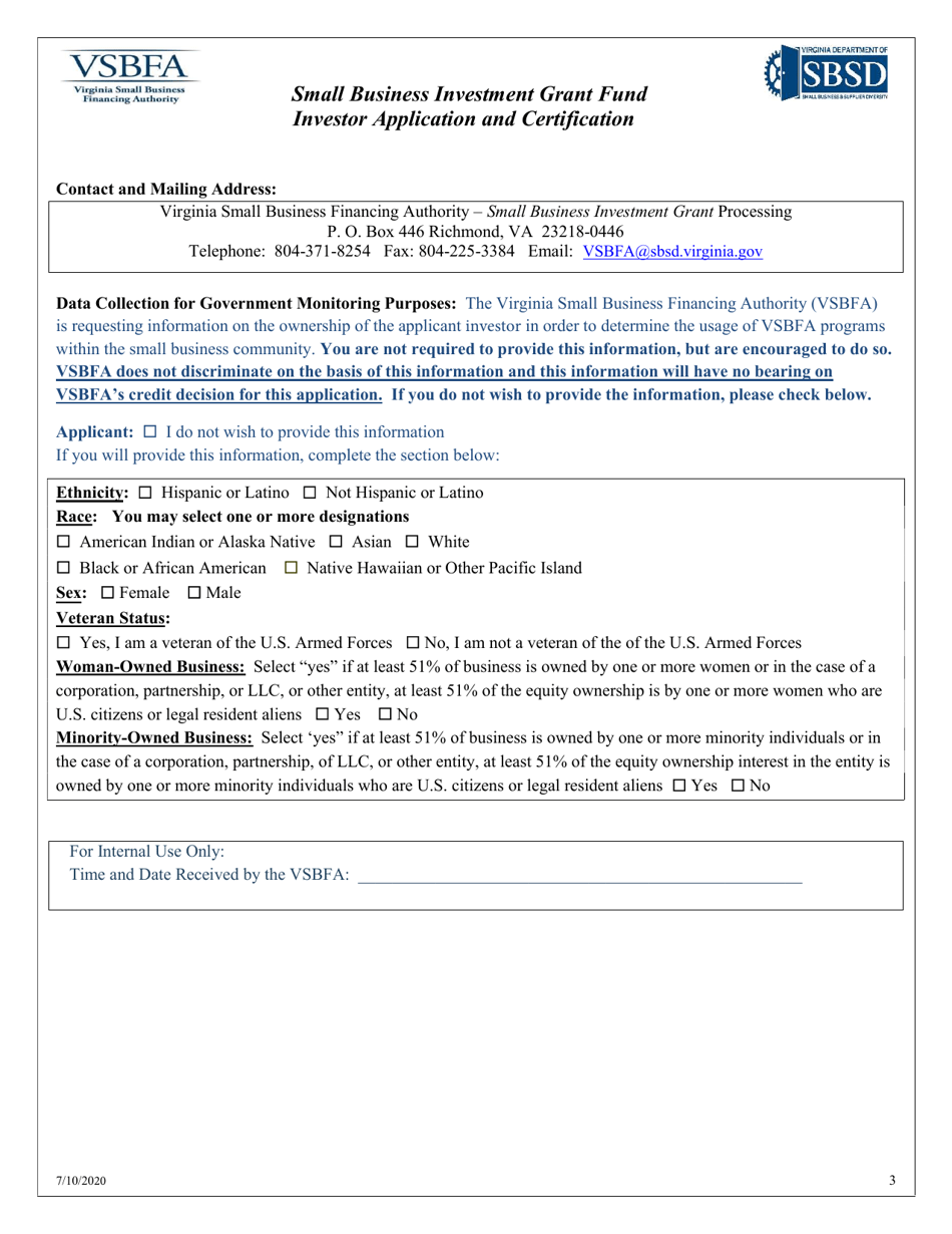 Small Business Investment Grant Fund Investor Application and Certification - Virginia, Page 3