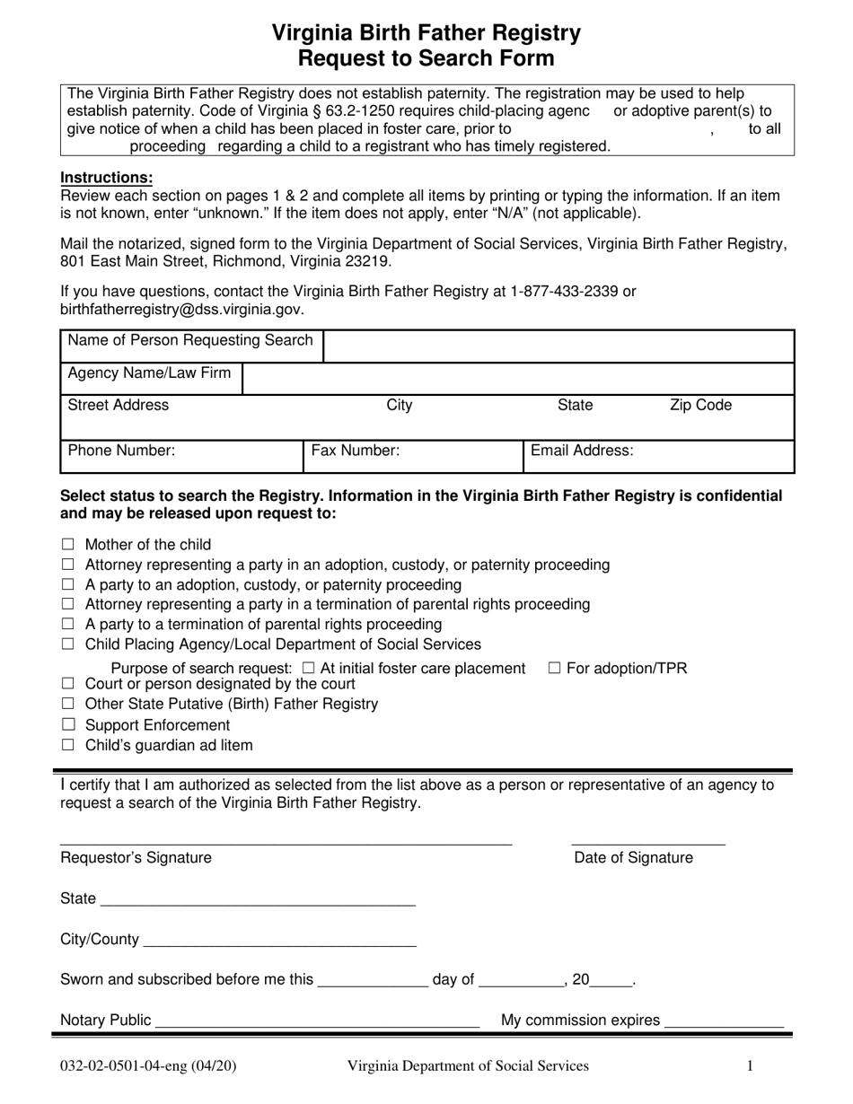 Form 032-02-0501-04-ENG Virginia Birth Father Registry Request to Search Form - Virginia, Page 1
