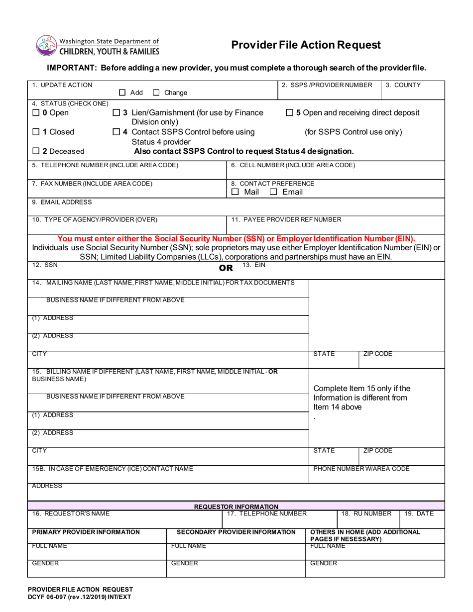 DCYF Form 06-097 Provider File Action Request - Washington, Page 1