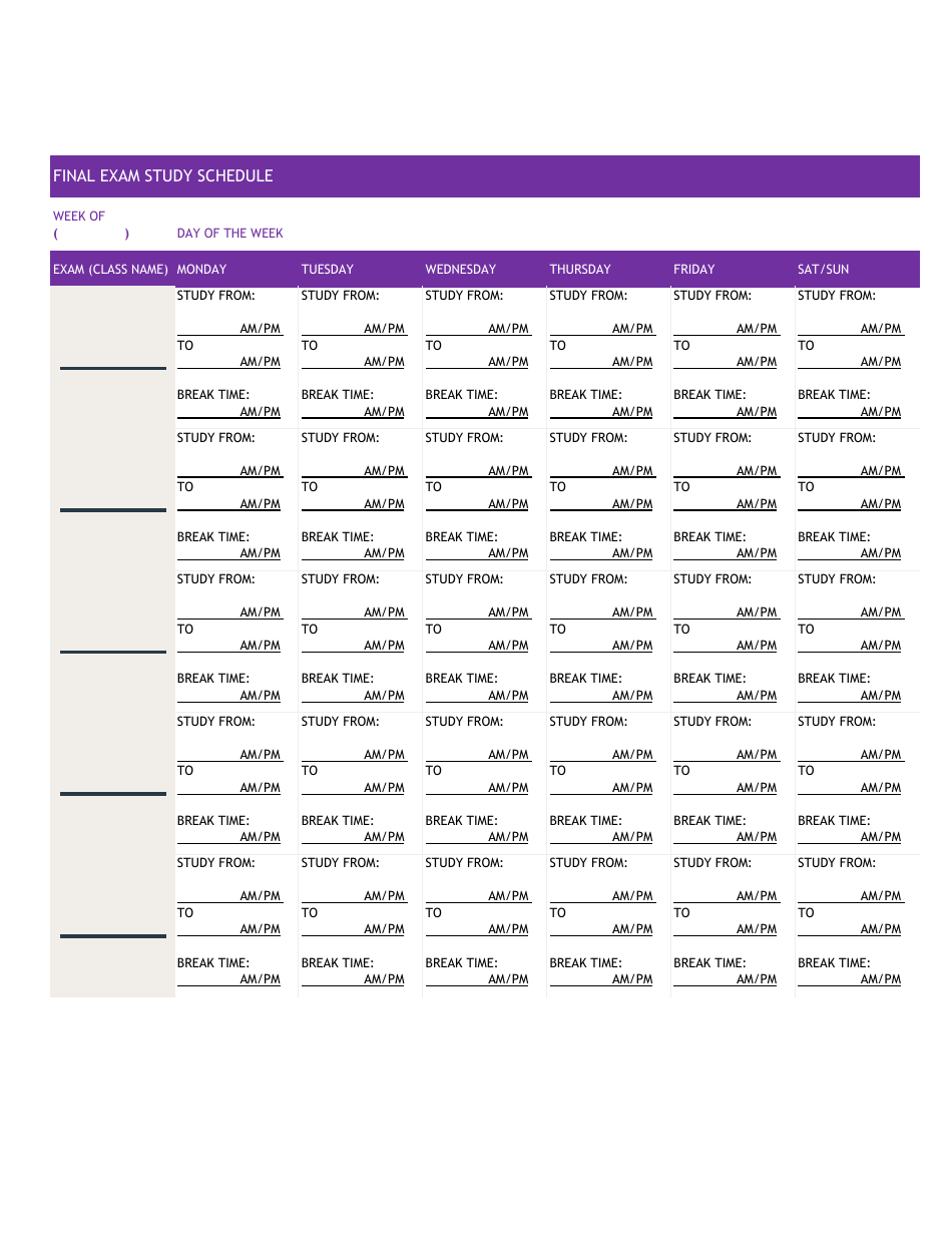 Final Exam Study Schedule Template Download Printable PDF Templateroller