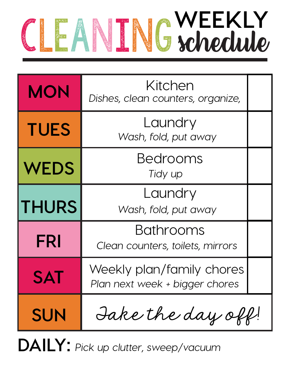Weekly Cleaning Schedule Template - Varicolored