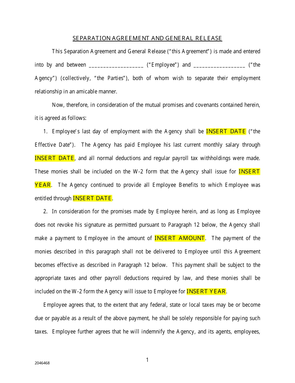 Separation and General Release Agreement Template, Page 1