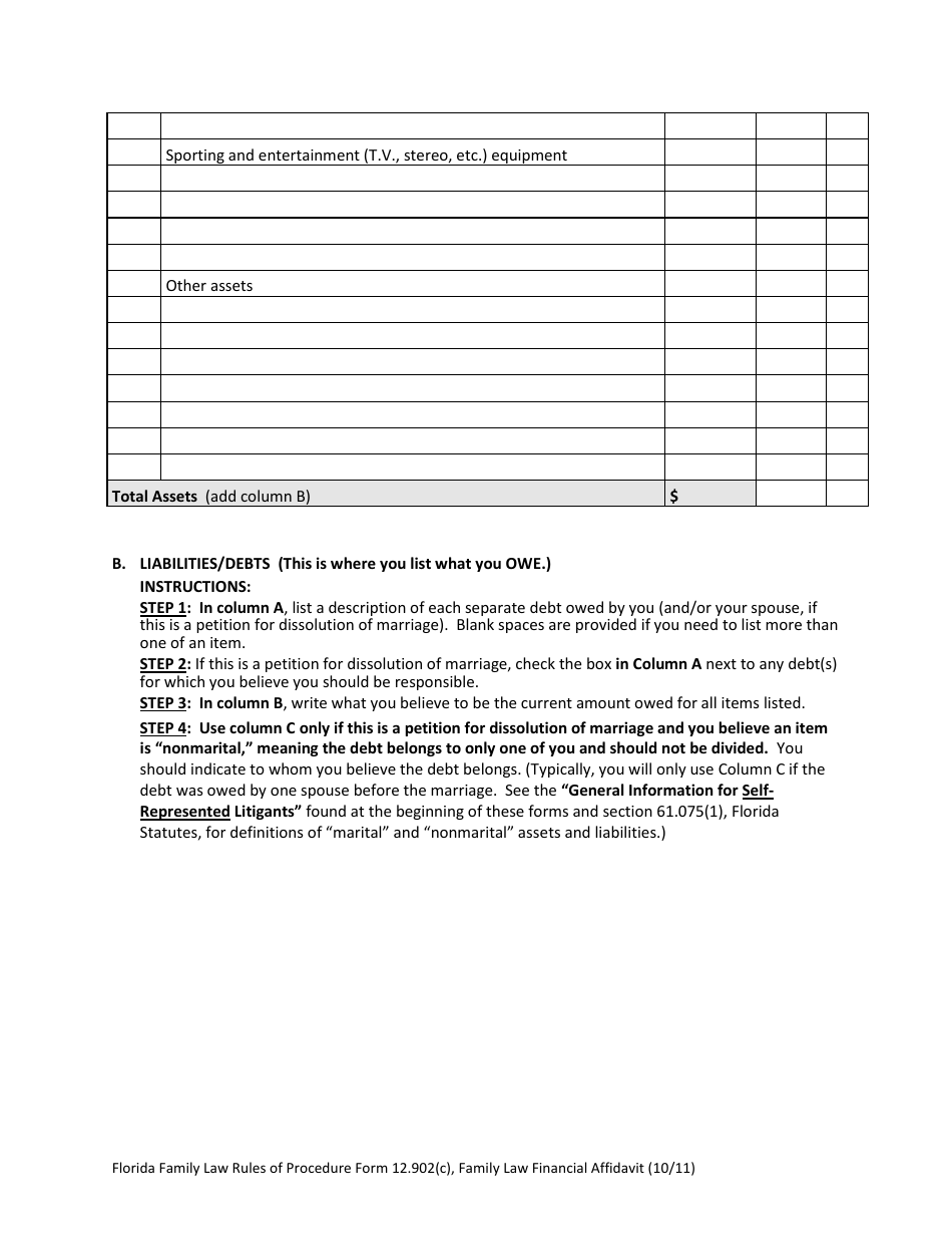 Family Law Financial Affidavit Form - Florida, Page 10