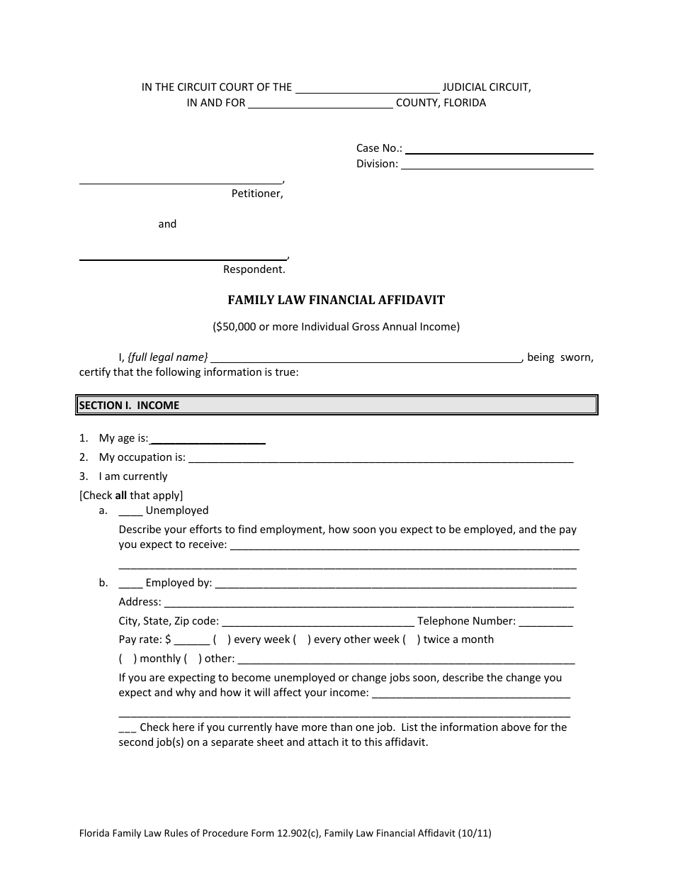 Family Law Financial Affidavit Form - Florida, Page 3