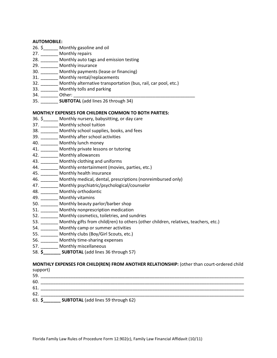 Family Law Financial Affidavit Form - Florida, Page 6