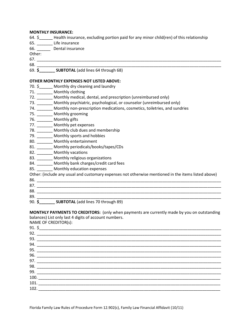 Family Law Financial Affidavit Form - Florida, Page 7