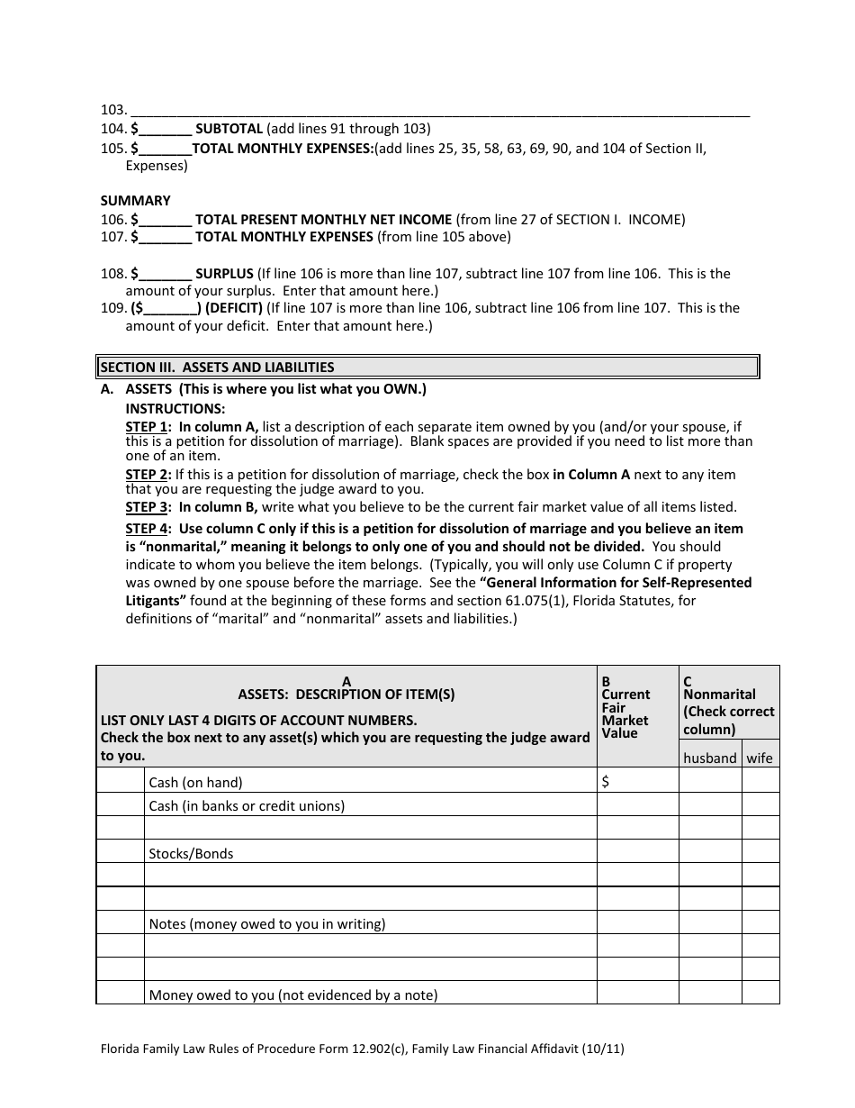 Family Law Financial Affidavit Form - Florida, Page 8