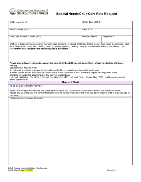 DCYF Form 12-001  Printable Pdf