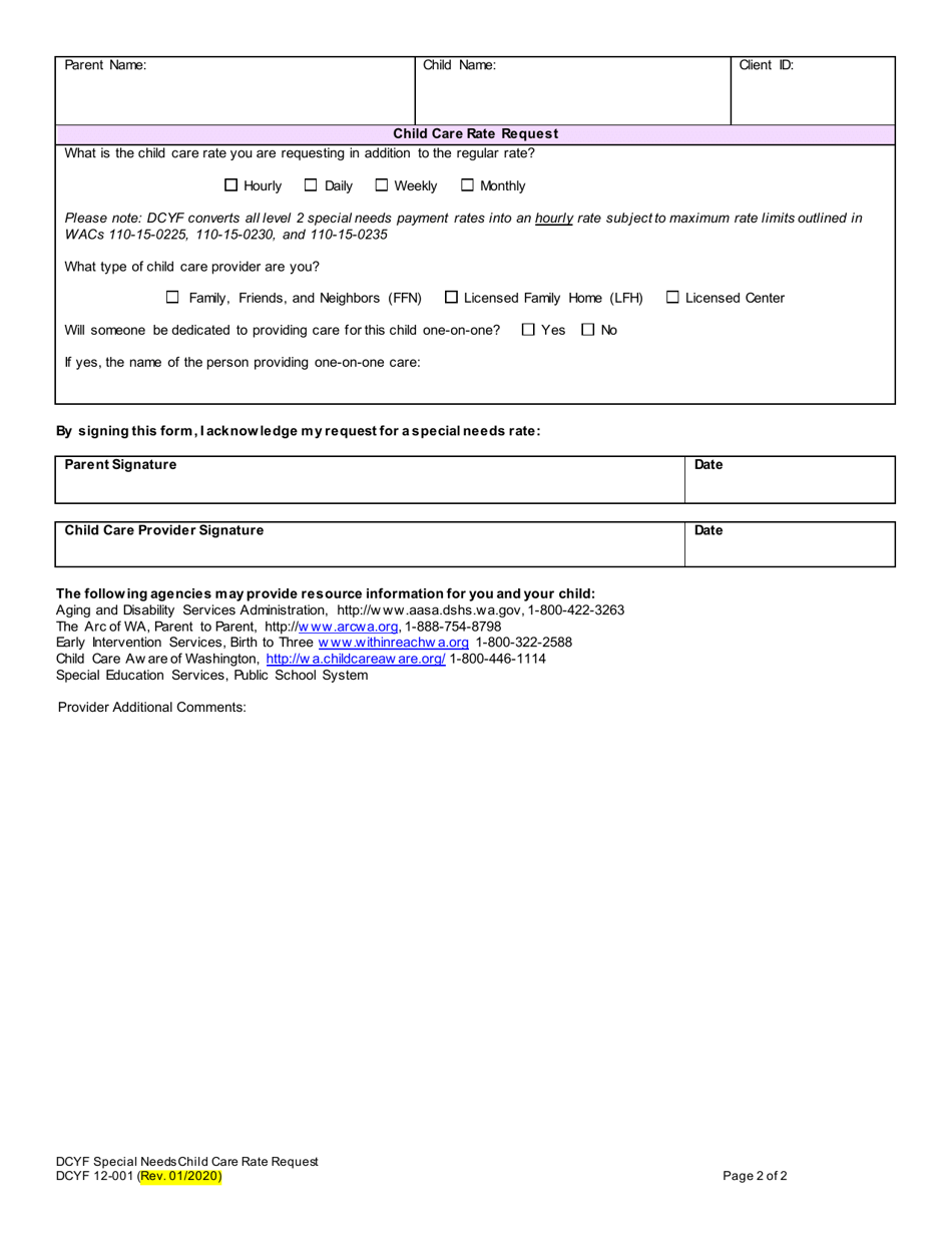 DCYF Form 12-001 Special Needs Child Care Rate Request - Washington, Page 2