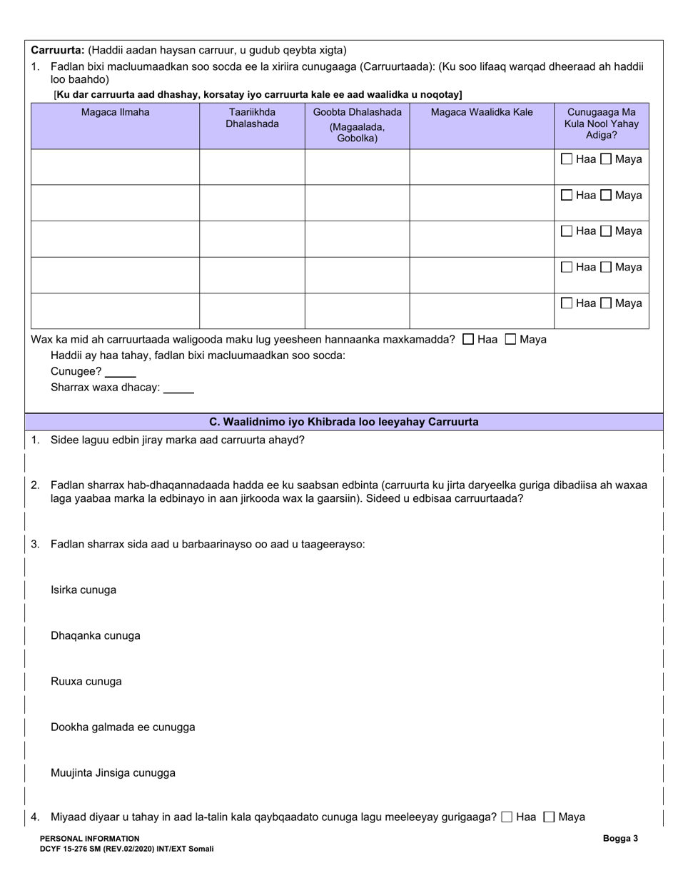 DCYF Form 15-276 Personal Information - Washington (English / Somali), Page 3
