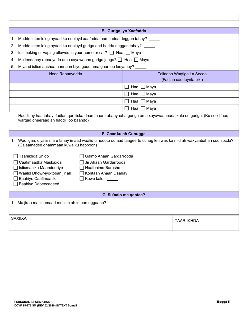 DCYF Form 15-276 Personal Information - Washington (English / Somali), Page 5