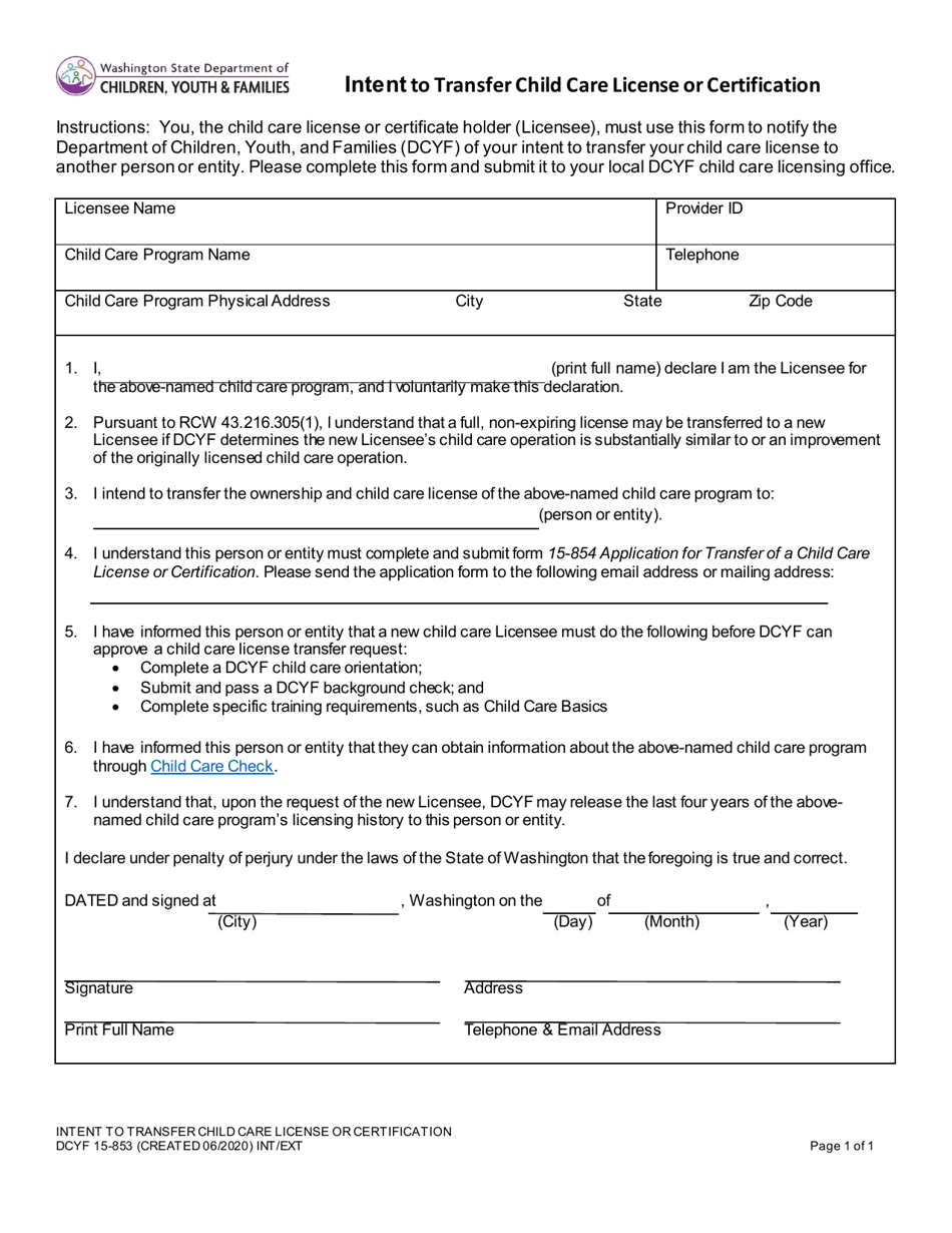 DCYF Form 15-853 Intent to Transfer Child Care License or Certification - Washington, Page 1