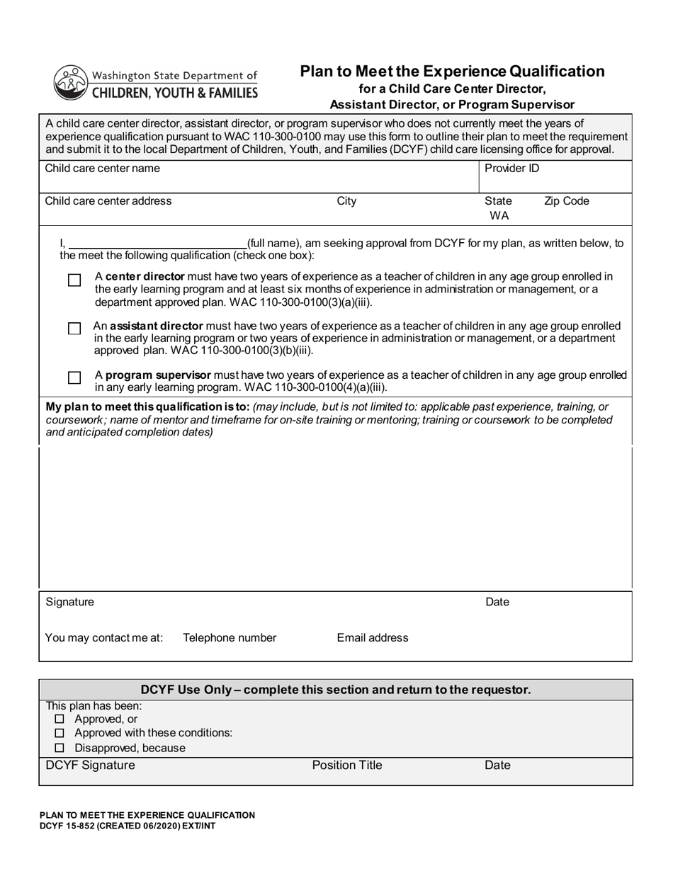 DCYF Form 15-852 Plan to Meet the Experience Qualification - Washington, Page 1
