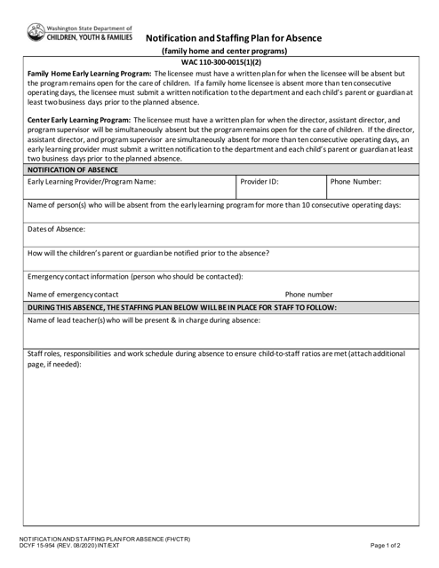DCYF Form 15-954 Notification and Staffing Plan for Absence - Washington