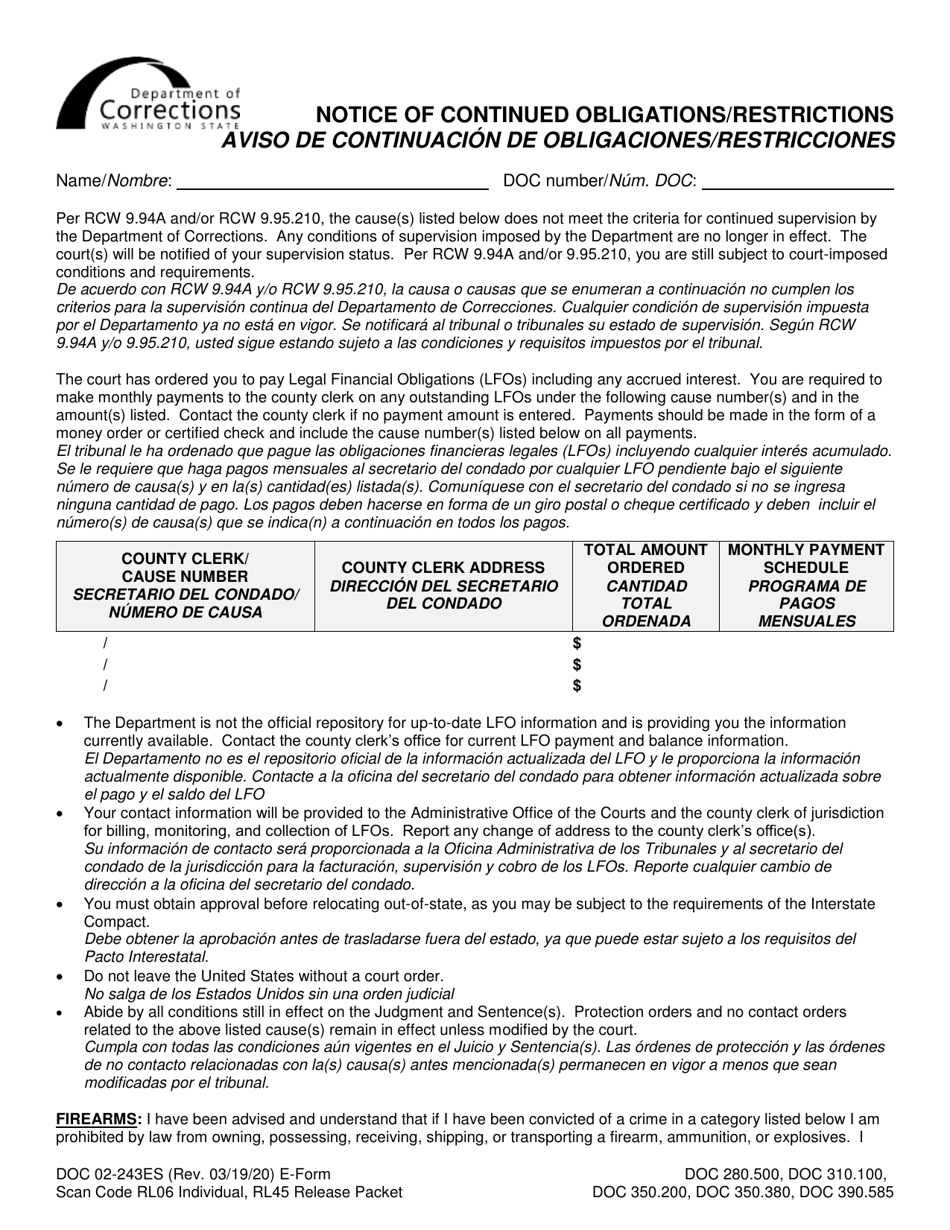 Form DOC02-243ES Notice of Continued Obligations / Restrictions - Washington (English / Spanish), Page 1